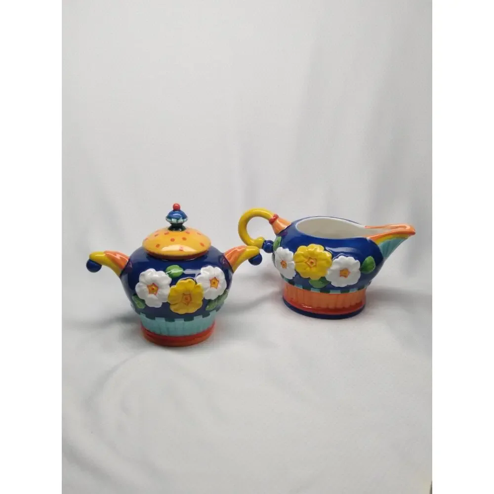 Department 56 Primrose Sugar Creamer Set Floral 3D Blue Yellow 1990s Vintage